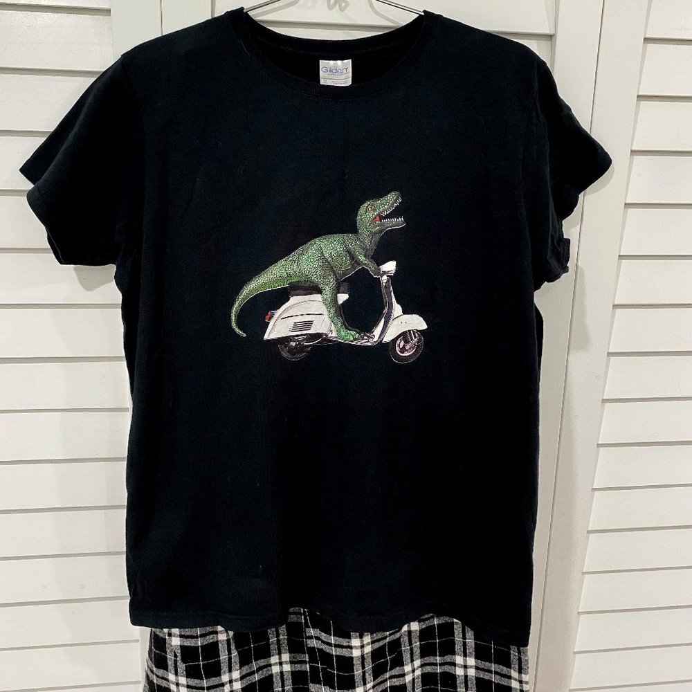 CafePress Funny Dinosaur Scooter T-Shirt Plaid Pants Pajama Set Size Medium